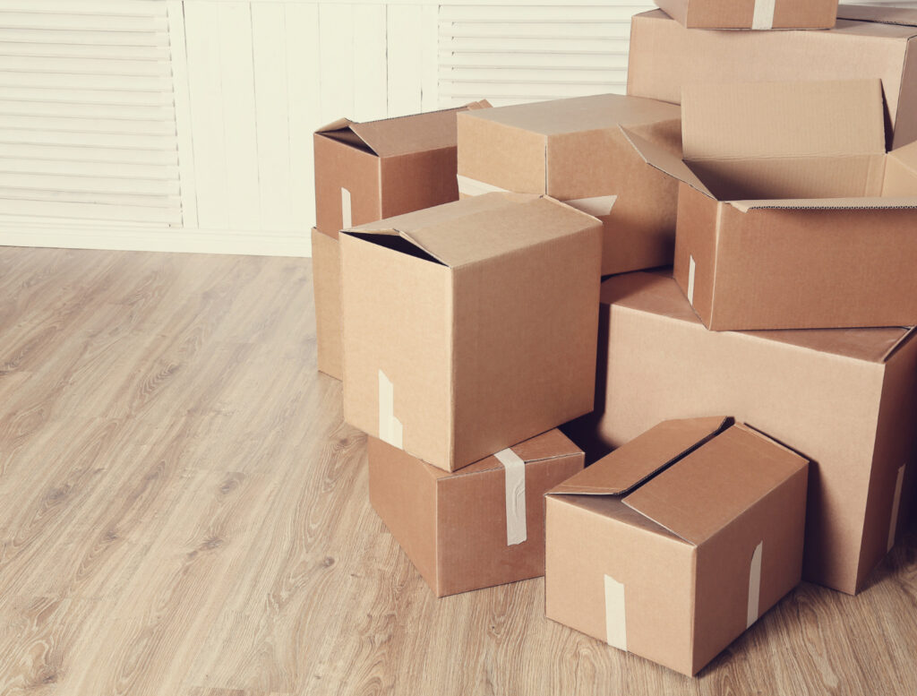 Stack of classic cardboard moving boxes