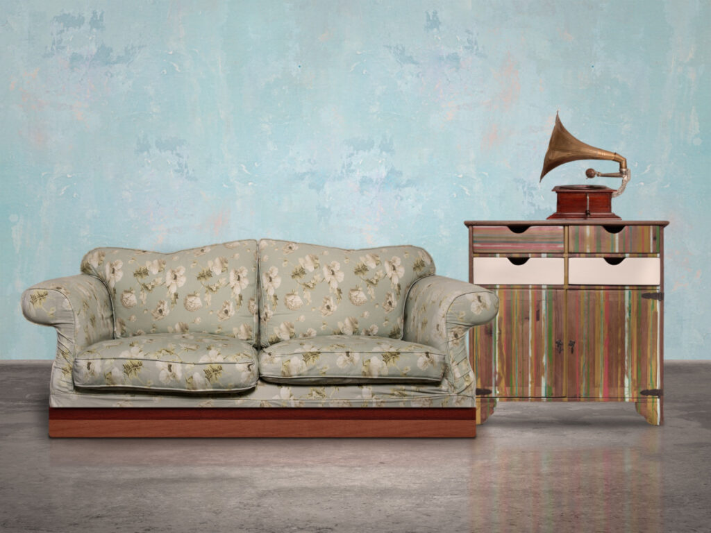 Vintage Green Couch & Gramophone in a blue room