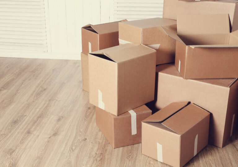 Stack of classic cardboard moving boxes